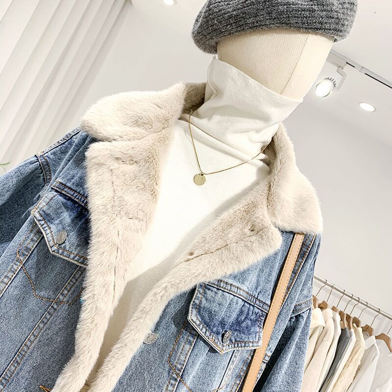 2023 Winter Fleece-lined Thickening Denim Jacket Women's Korean-Style Loose Lambswool Casual All-Matching Reversible Cotton-Padded Coat Fashion