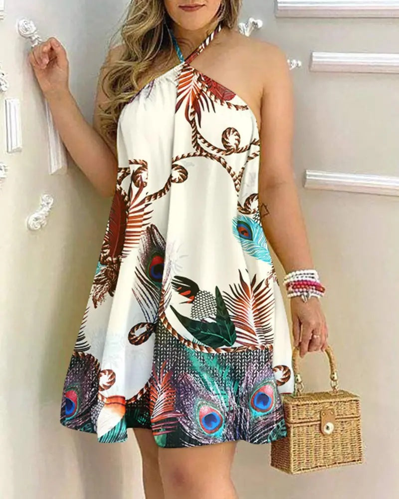 2022 Independent Station Wish Amazon Hot Summer off-Shoulder Halter Lace up Loose Women's Wear Dress Women