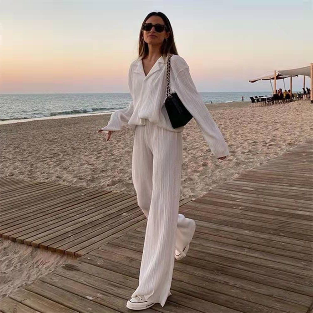 2024 Spring and Autumn Hot Sale European and American Women's Clothing Solid Color Drape Loose Smooth Pleated Casual Two-piece Sets Available Now