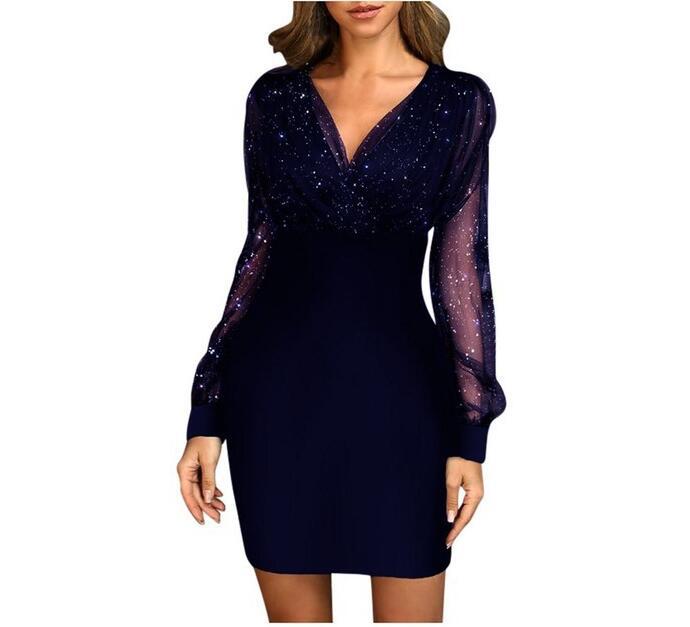 2022 European and American mesh V-neck sequined dress slim sexy dress ready for sale 0.22g