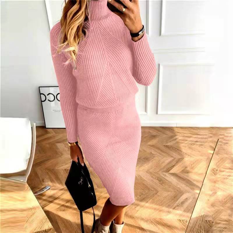 2023 Amazon wish new autumn and winter women's clothing European and American turtleneck knitted solid color pullover sweater suit skirt