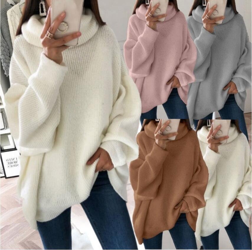 2023 European and American women's sweater Amazon solid color turtleneck sweater pile collar large size loose cross-border sweater women