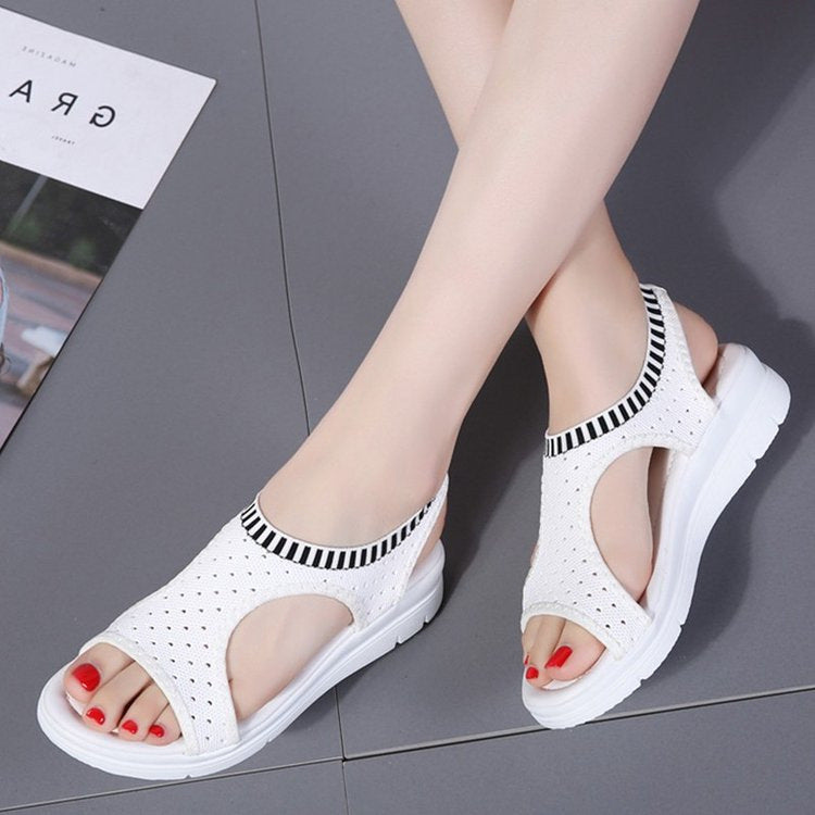 2024 summer new hole shoes Roman shoes foreign trade large size flying woven fish mouth hollow thick bottom wedge heel sports sandals for women