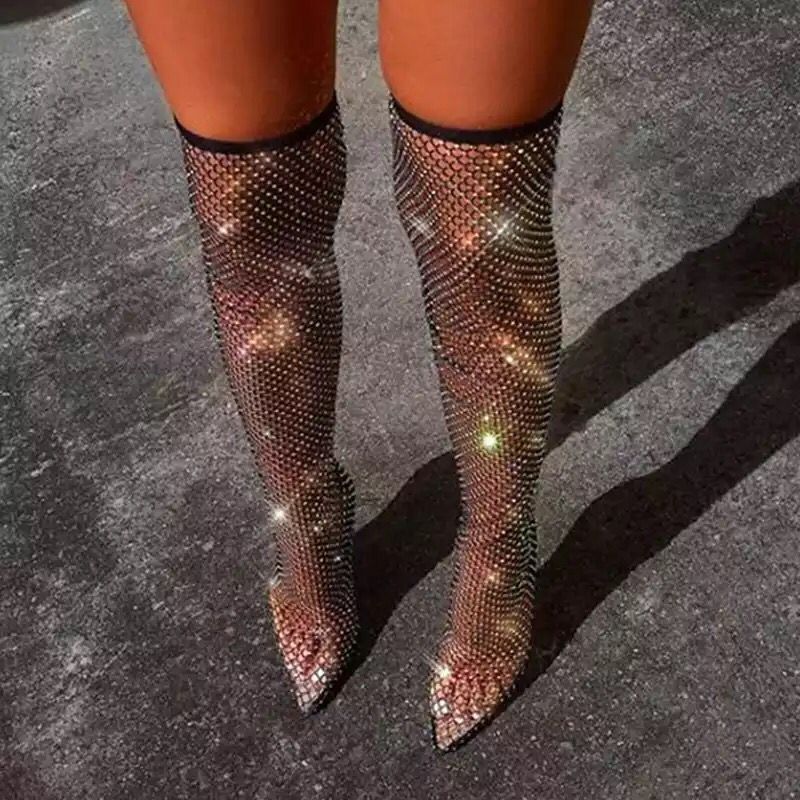 2021 foreign trade large size cool boots high heel stiletto back zipper rubber sole high tube over the knee rhinestone mesh high heels