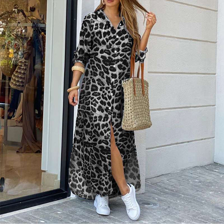 AliExpress Cross-border Foreign Trade 2021 Trendy Leopard Print European and American Women's Fashion Skirts Split Long Shirt Dresses