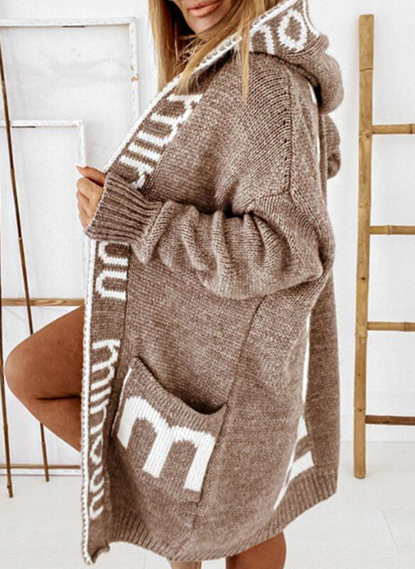 2022 autumn and winter new products mid-length cardigan foreign trade hooded letter knitted sweater women's European and American sweater knitted jacket