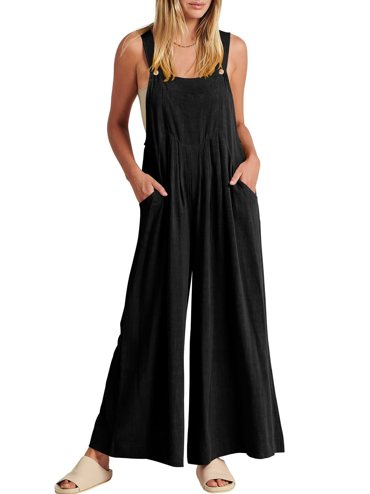 2023 Amazon hot style TEMU independent station European and American women's clothing solid color loose casual cotton and linen suspenders jumpsuit