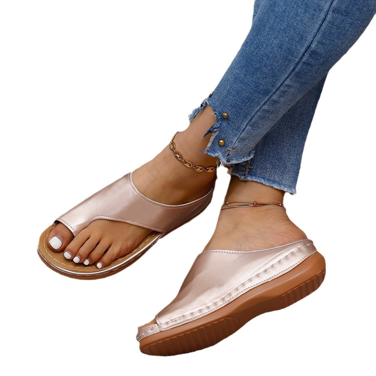 2024 summer new casual flat-bottom large size women's shoes slip-on toe sandals wedge heel beach outdoor sandals spot women