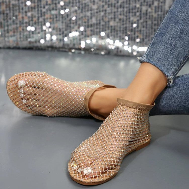 2024 spring and summer new foreign trade large size women's flat sandals broken diamond fashion European and American style fishnet solid color women's shoes