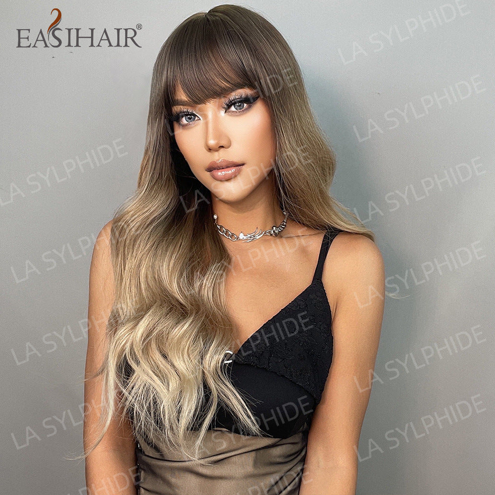 Wig for women with long hair, natural full headgear, long curly hair, large waves, round face, simulated human hair, corn perm, full headgear