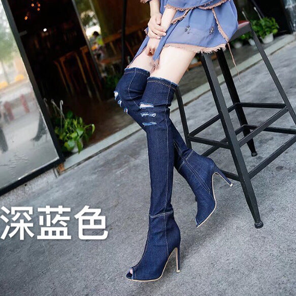 2021 denim high-heeled over-the-knee fish mouth boots Europe and the United States plus size women's shoes spot