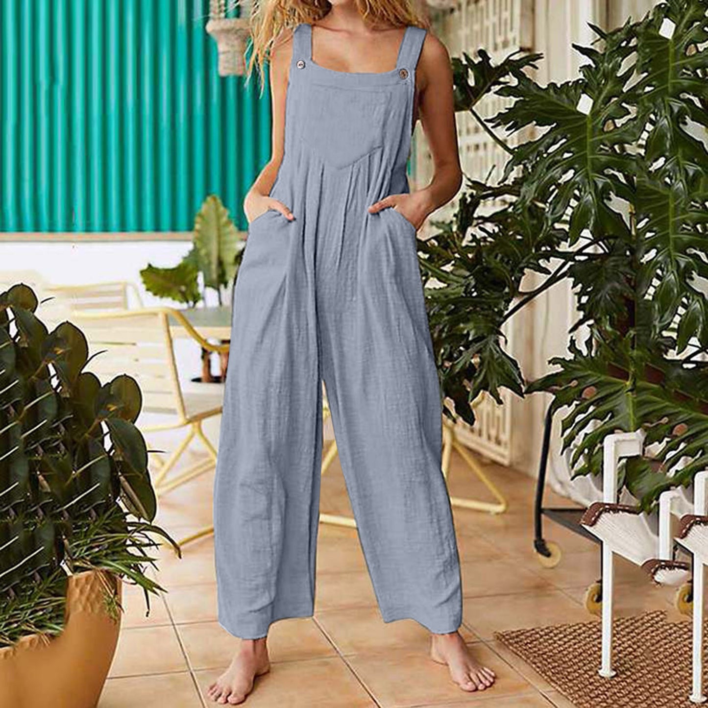 2021 new Amazon cross-border foreign trade female printing sleeveless side pocket casual wide-leg side buckle jumpsuit