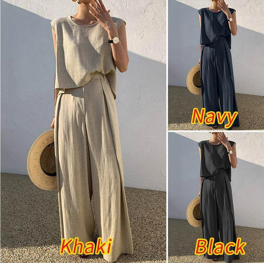 2023 Spring and Summer New Cotton and Linen Fashion Casual Loose Two-piece Sleeveless Top Loose Wide-leg Pants Women's