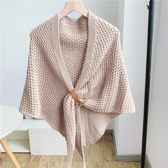 2021 autumn and winter all-match chain leather buckle knitted shawl hollowed out wool triangle scarf solid color shawl scarf dual-purpose