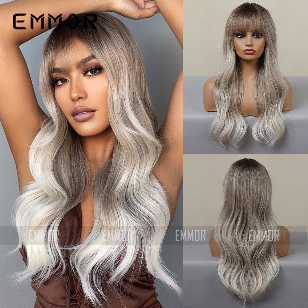 2022 new hair air bangs gradient gray big waves cosplay high temperature silk chemical fiber headgear wig for women