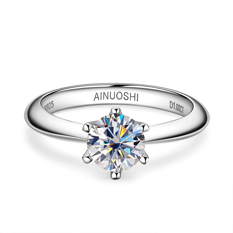 AINUOSHI D color moissanite ring classic six-claw 1 carat S925 sterling silver plated 18k gold moissanite ring for women