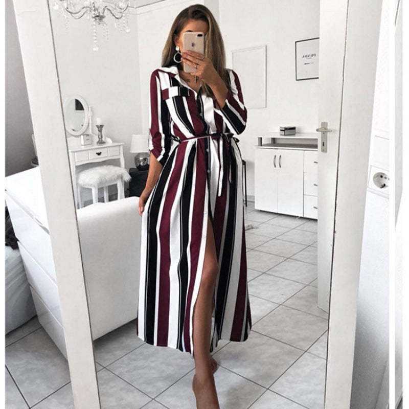 AliExpress autumn and winter new striped long-sleeved strappy dress