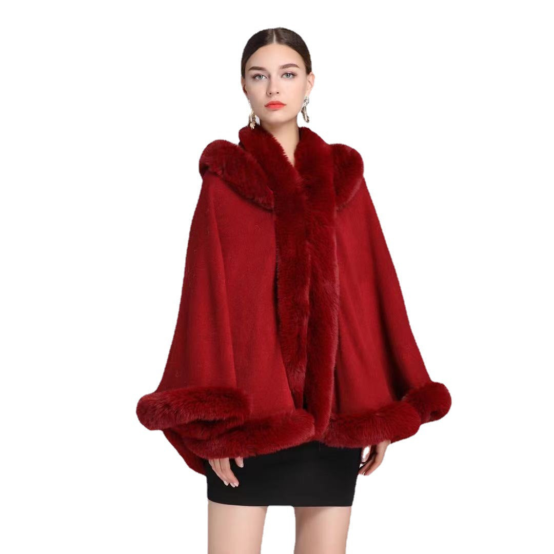 692#European and American autumn and winter new imitation rex rabbit fur collar hooded shawl cloak large size loose cloak coat female