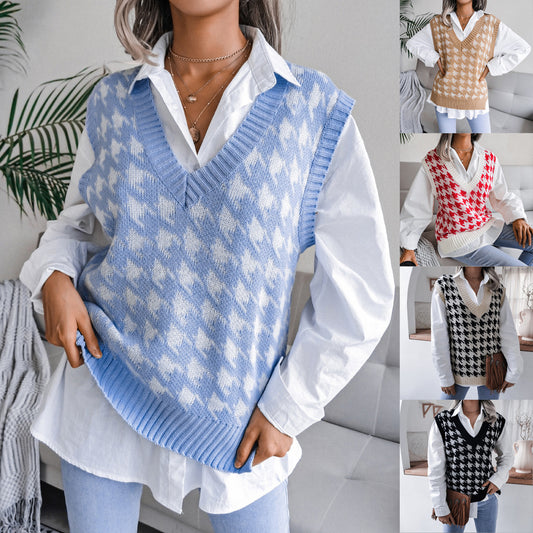 2022 autumn and winter European and American V-neck houndstooth casual loose knitted vest sweater vest Amazon cross-border women's clothing