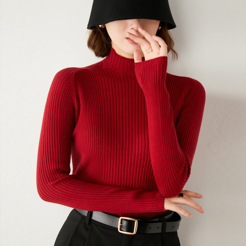 2024 autumn and winter knitted sweater half turtleneck drawstring slim wool bottoming sweater women's foreign trade one piece dropshipping