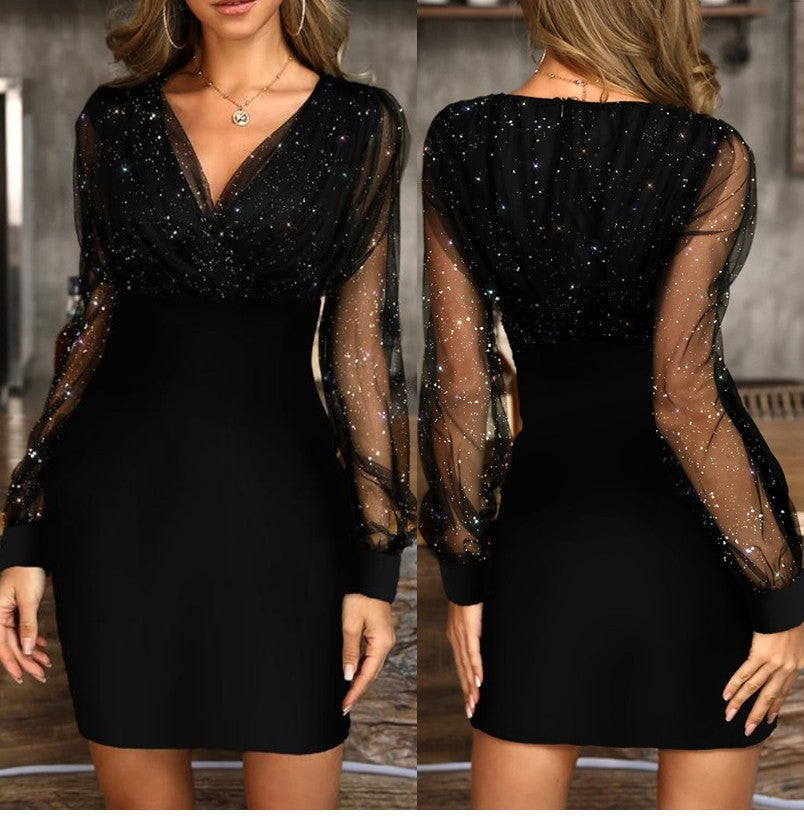 2022 European and American mesh V-neck sequined dress slim sexy dress ready for sale 0.22g