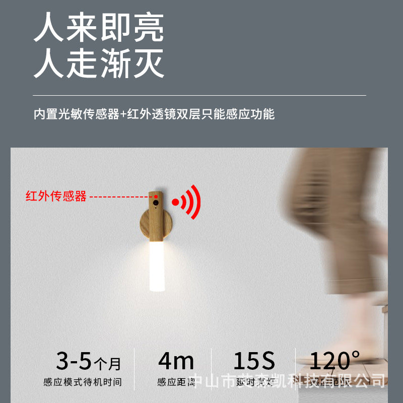 Wood Grain Human Body Induction Night Light Magnetic Stairway Aisle Wall Light LED Home Bedroom Smart Sensor Light