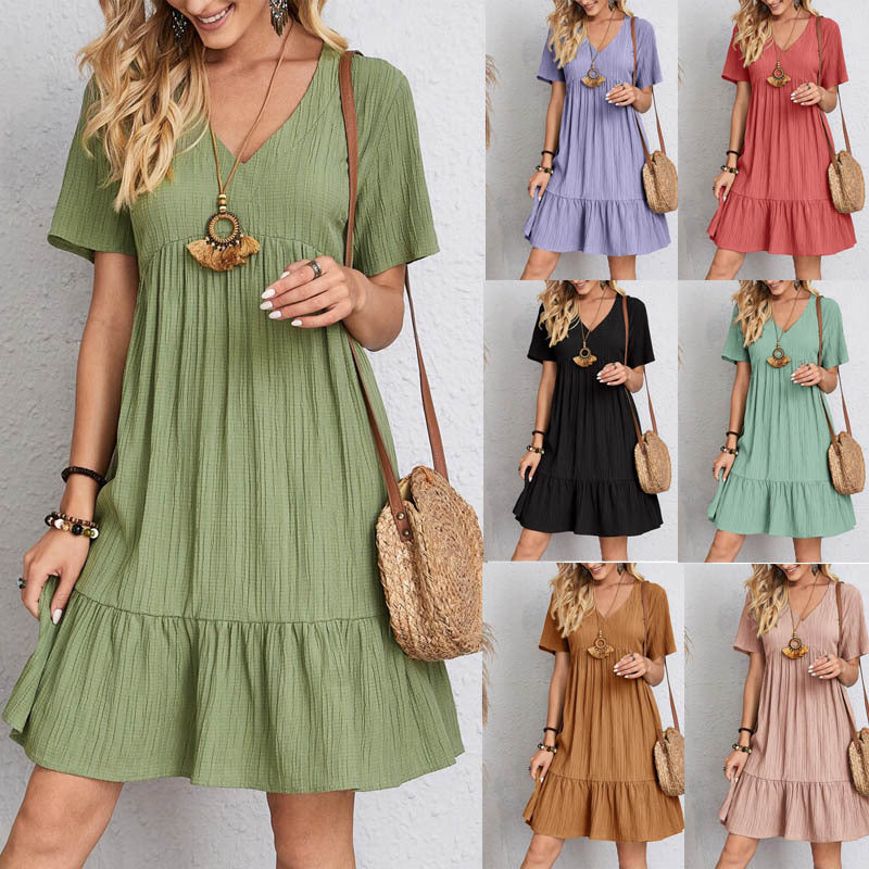 2022 cross-border foreign trade European and American women's clothing Amazon hot summer loose casual short-sleeved waist elegant dress