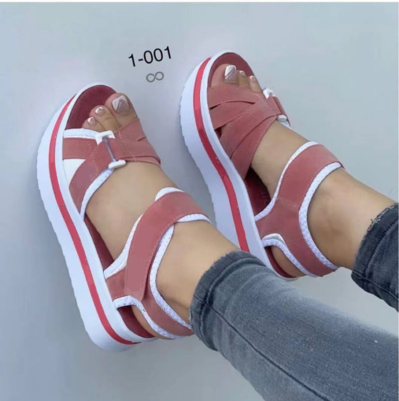 2023 new foreign trade Rome large size thick-soled sandals women's cross-border supply flat Velcro women's beach sandals