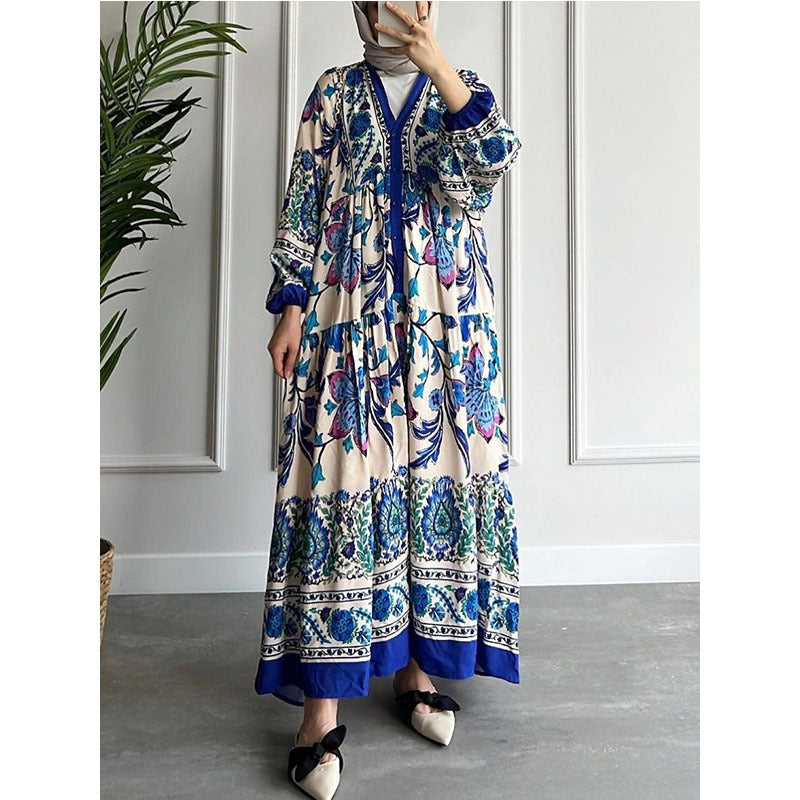 2023 new color contrast dress cross-border dress women's long-sleeved stand-up collar printed large swing skirt national long skirt