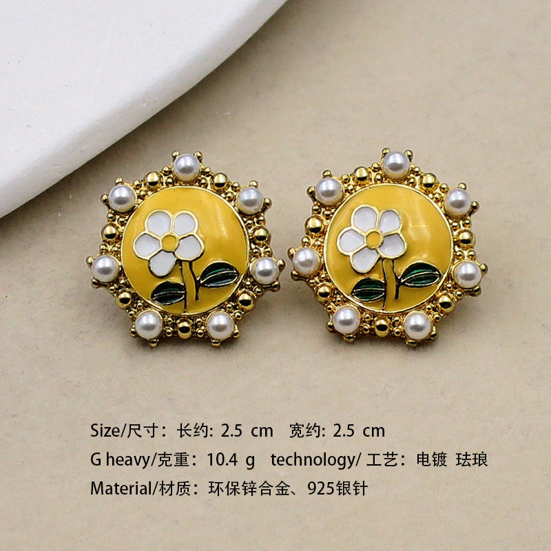 1-50 Qingdao medieval earrings sunflower enamel pearl earrings French court style net red earrings wholesale female