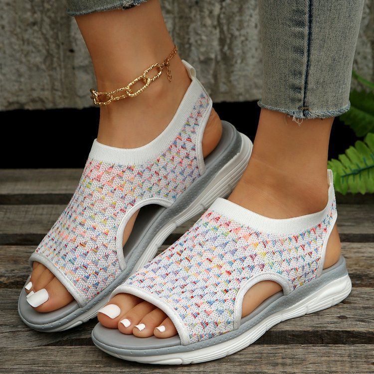 2023 new foreign trade large size flying woven thick bottom casual sandals European and American cross-border fish mouth breathable summer sports sandals