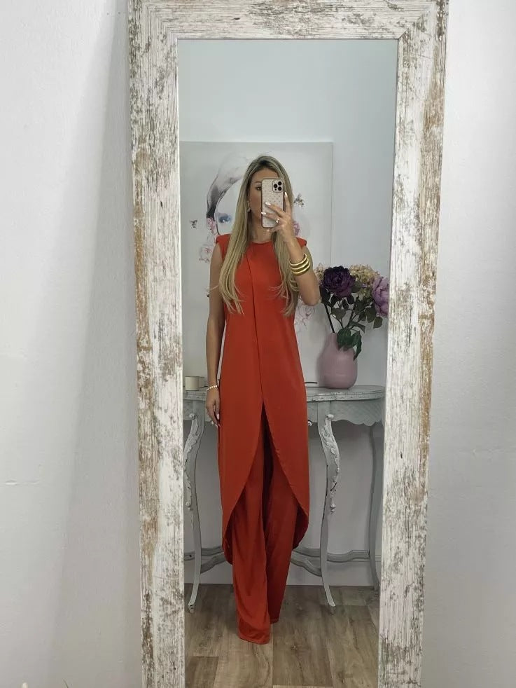 2023 European and American summer new casual sleeveless loose round neck trousers two-piece set for women