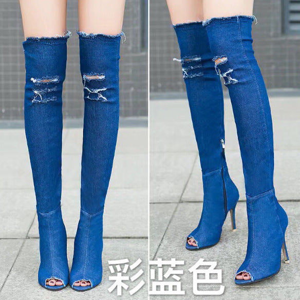 2021 denim high-heeled over-the-knee fish mouth boots Europe and the United States plus size women's shoes spot