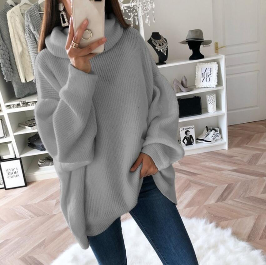 2023 European and American women's sweater Amazon solid color turtleneck sweater pile collar large size loose cross-border sweater women