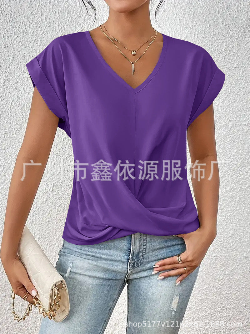 2024 Amazon cross-border hot-selling solid color V-neck T-shirt elegant short-sleeved top spring and summer women's clothing Amazon cross-border