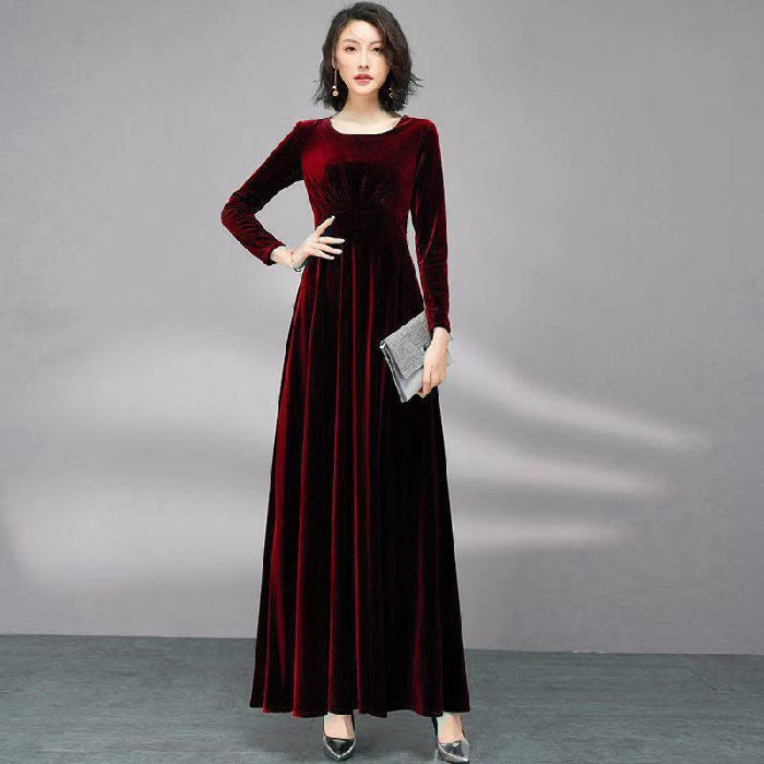 609#Real shot Good quality noble lady autumn and winter gold velvet dress waist long skirt manufacturer wholesale