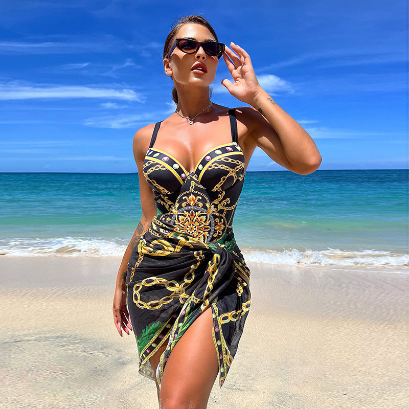 2023 European and American new one-piece swimsuit female sexy beautiful back printed bikini cover-up two-piece foreign trade bikini