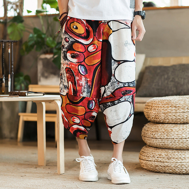 2023 summer Chinese style cotton and linen cropped pants men's ethnic style floral harem pants baggy pants large size beach pants