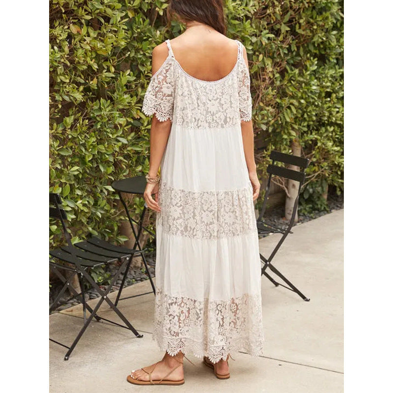 2023 new cross-border Amazon best-selling European and American women's sling rayon stitching lace beach holiday dress