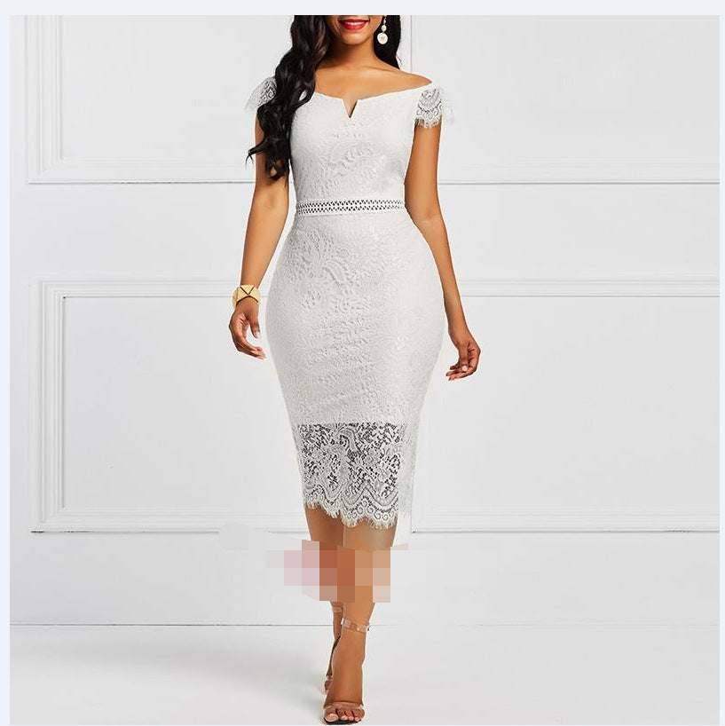 2022 autumn new lace V-neck tight dress women's autumn Europe and America Amazon mid-length A-line skirt dress