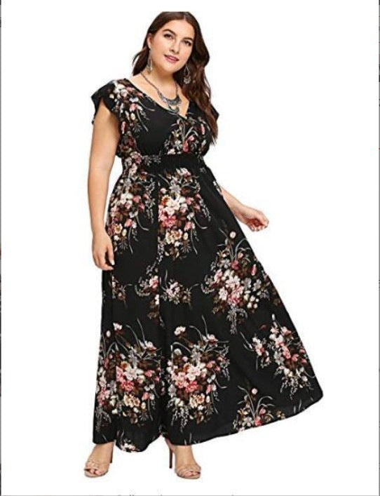 2023 new European and American large size women's dress chiffon elastic waist lotus leaf sleeve print spring and summer big swing dress