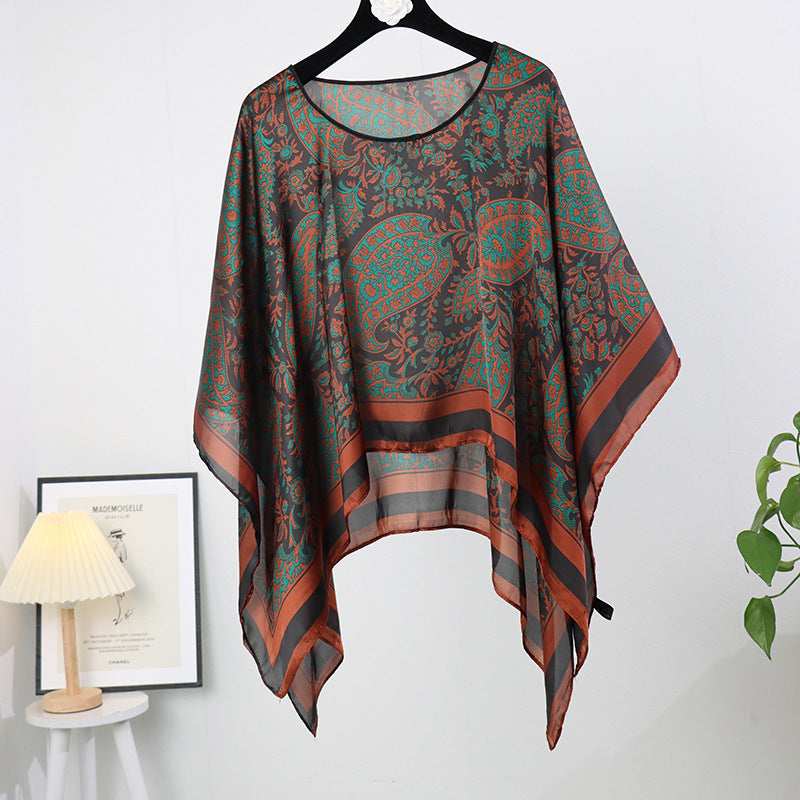 2023 new imitation silk pullover sunscreen silk scarf shawl women's sunscreen clothing in summer with large size loose changeable