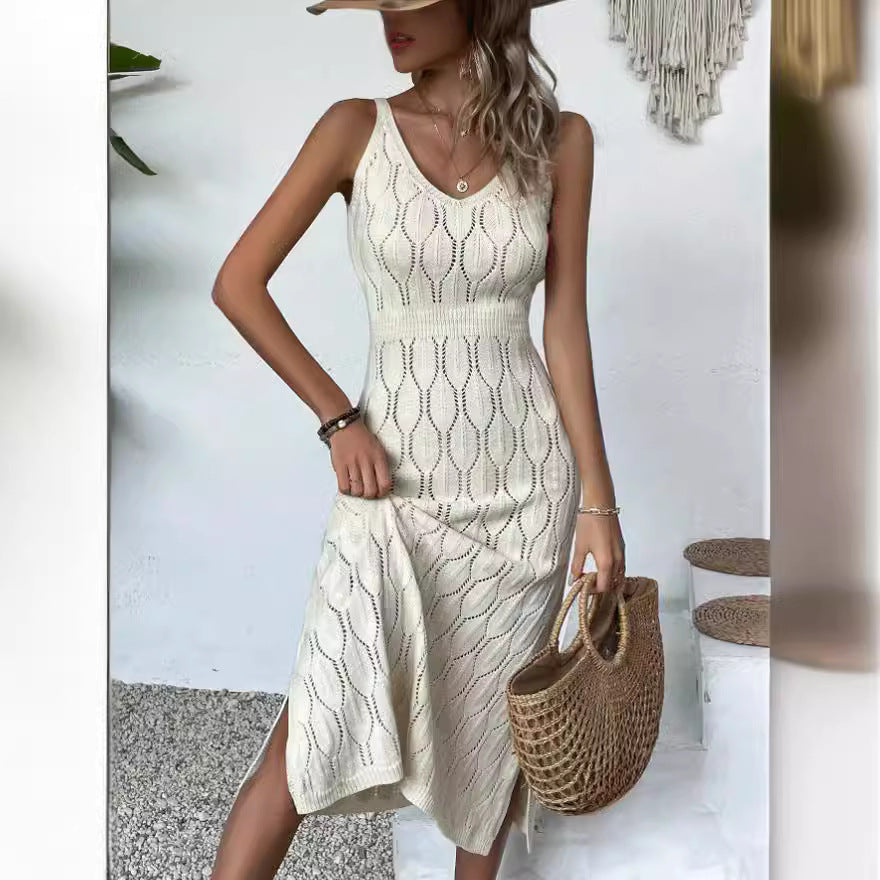 2024 spring and summer cross-border European and American new sexy hollow perspective holiday solid color backless knitted long skirt for women