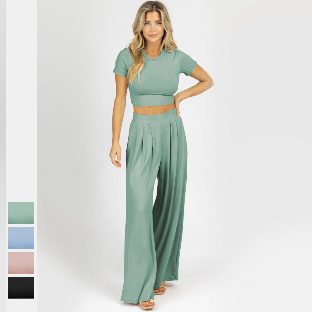 WISH's new solid color home commuting suit, short slim top, loose wide-legged draped trousers two-piece set