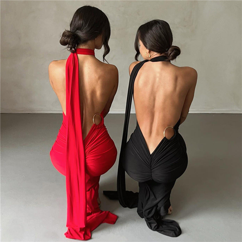 2024 spring and summer new European and American style cross-border women's clothing sexy backless halter neck hip-covering slim evening dress for women