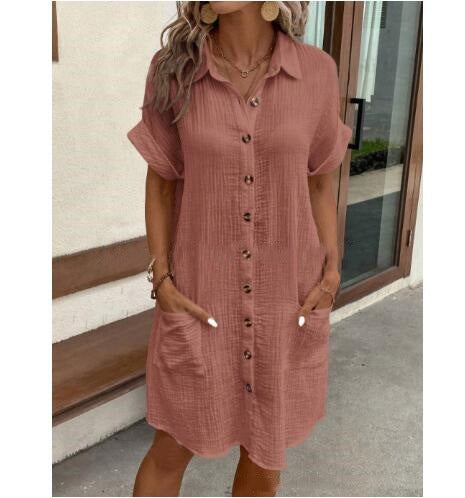 2024 AliExpress Wish Amazon Hot Sale Summer Simple V-neck Button Cotton and Linen Dress Women's Shirt Dress