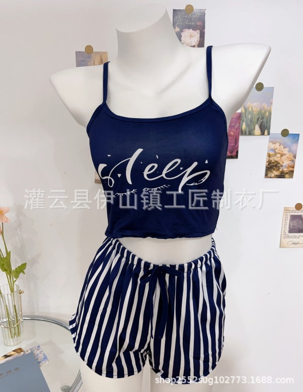 2023 New Arrival Suspender Pajamas Women Drawstring Shorts Set Letter Stripe Printing Ladies Home Clothes Can Be Worn Outside