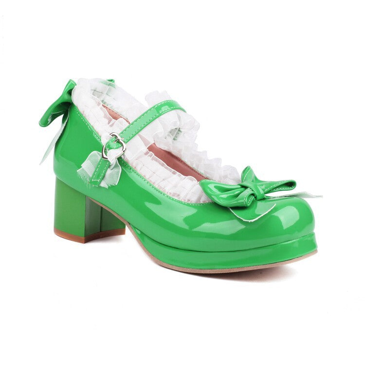 2023 new Lolita shallow mouth single shoes ruffled bow shiny leather mid-heel women's shoes size 3048