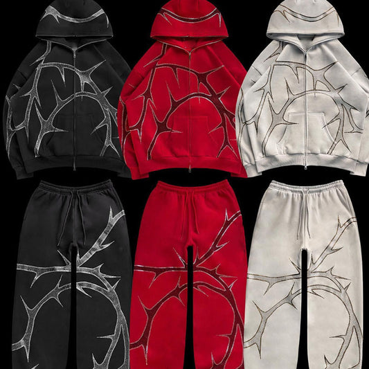 2023 AliExpress New Women's Street Hoodie Hot Diamond Zipper European and American Hooded Sweatshirt Set