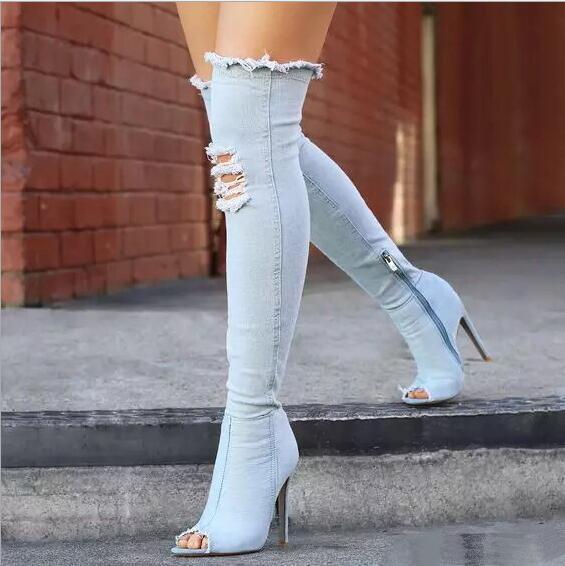 2021 denim high-heeled over-the-knee fish mouth boots Europe and the United States plus size women's shoes spot